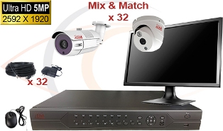 CCTV HD Security Camera System 5-in-1 5mp Standalone 32 Port DVR w/ 5mp HD Coax Cameras, Cables, HDD & Monitor