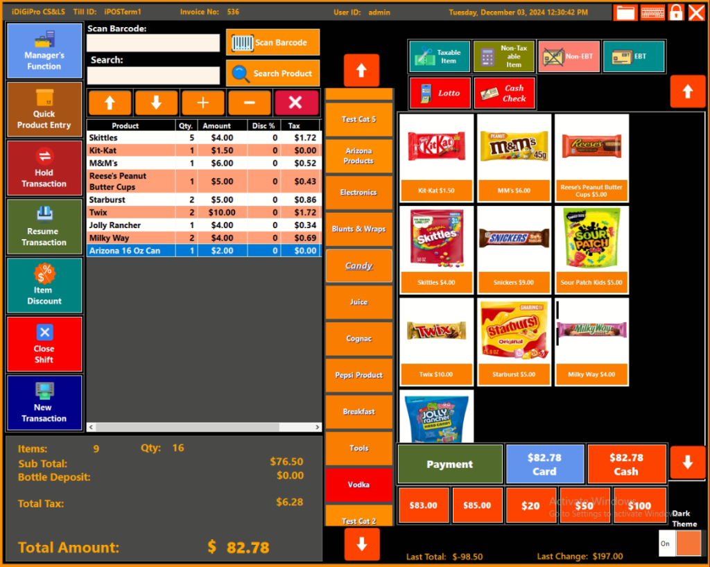 iDigiPro CS main POS screen in dark theme