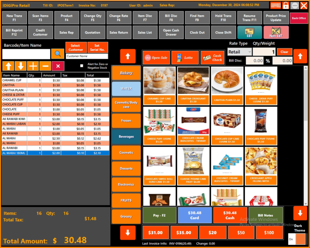 Main POS screen – dark mode