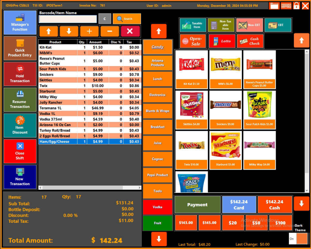 iDigiPro CS main POS screen – dark mode