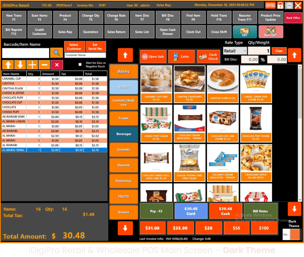 iDiGiPro Retail & Wholesale POS main screen – dark theme