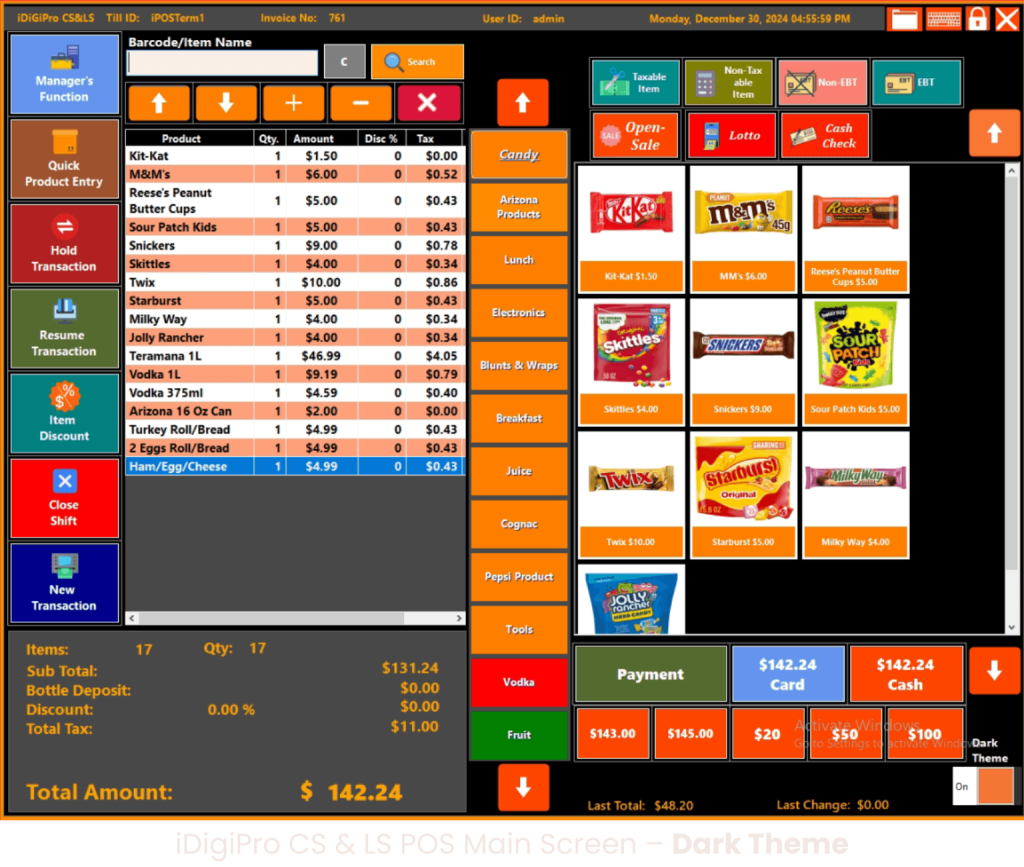 iDiGiPro CS & LS POS main screen – dark theme
