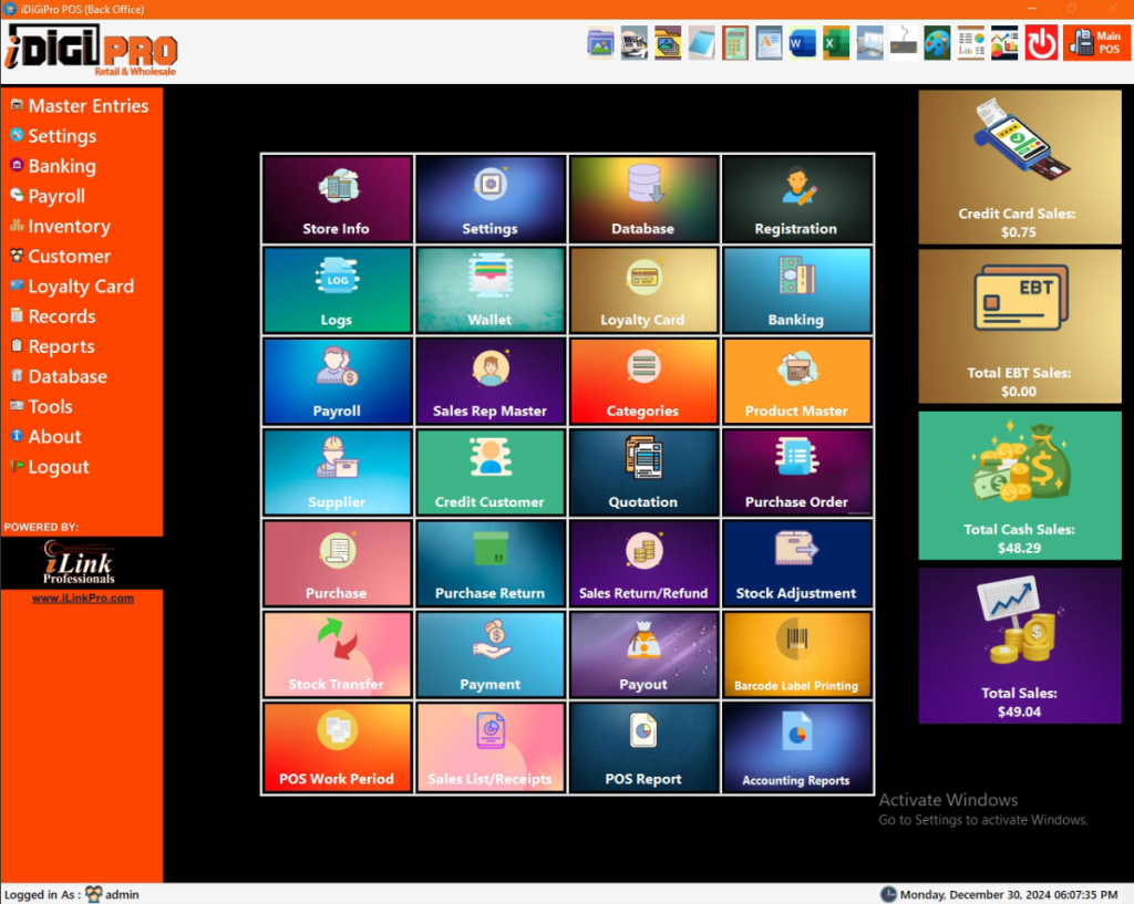 iDigiPro Retail Back Office screen