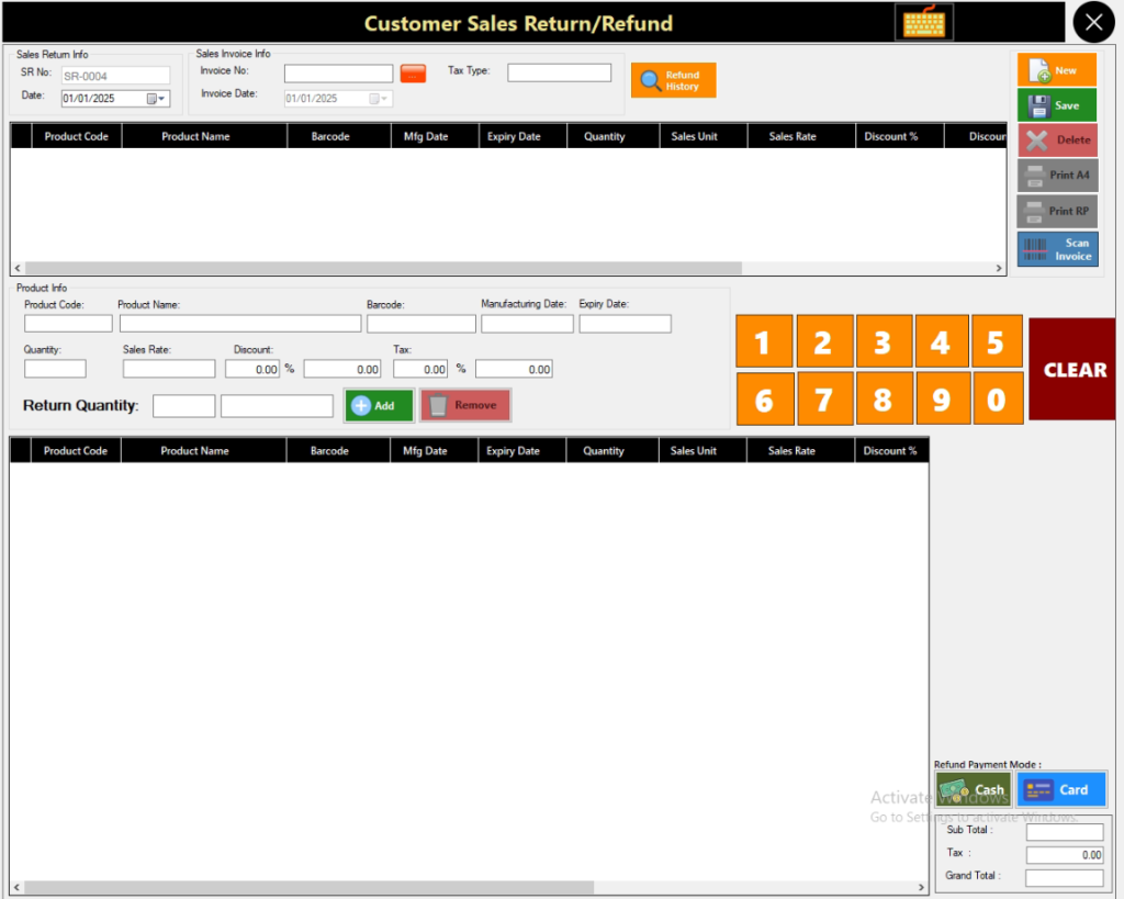 Sales return screen