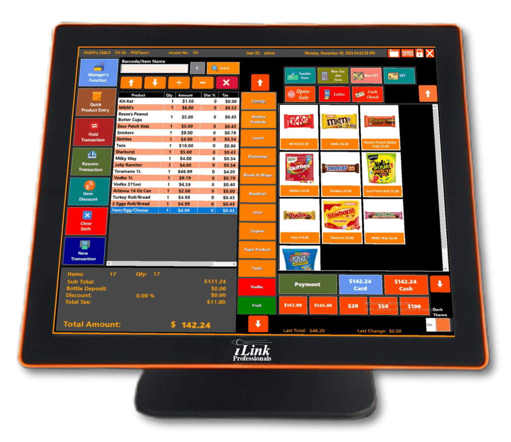 iDigiPro CS & LS POS main screen – dark theme