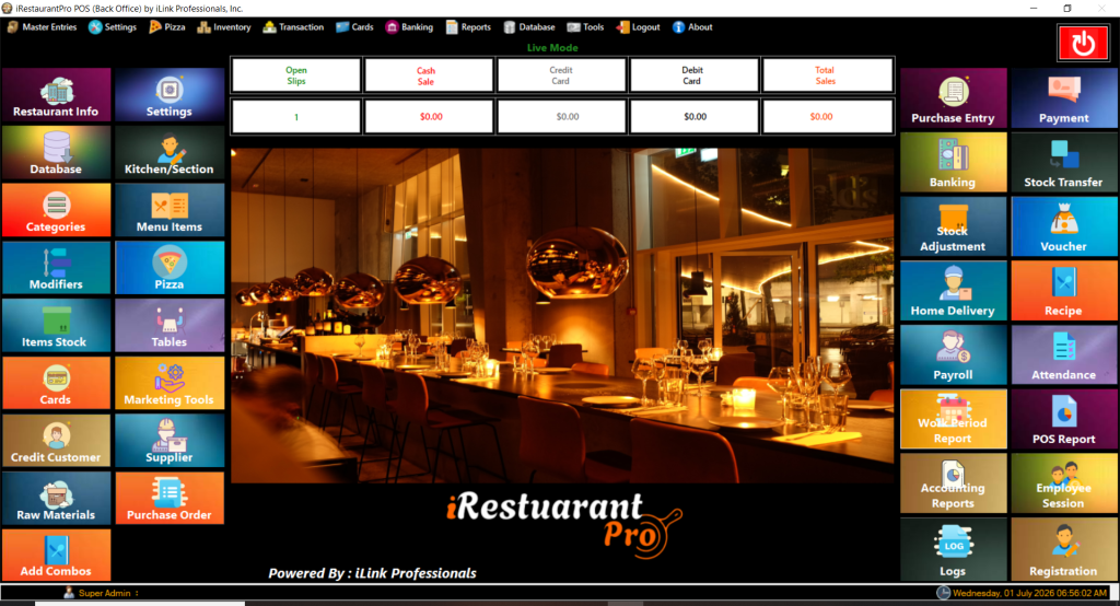iRestaurantPro Back Office screen