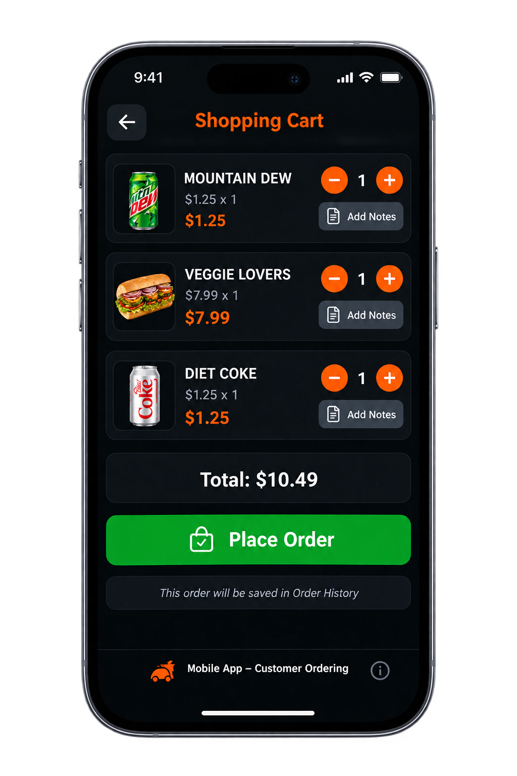 iRestaurantPro mobile app – shopping cart