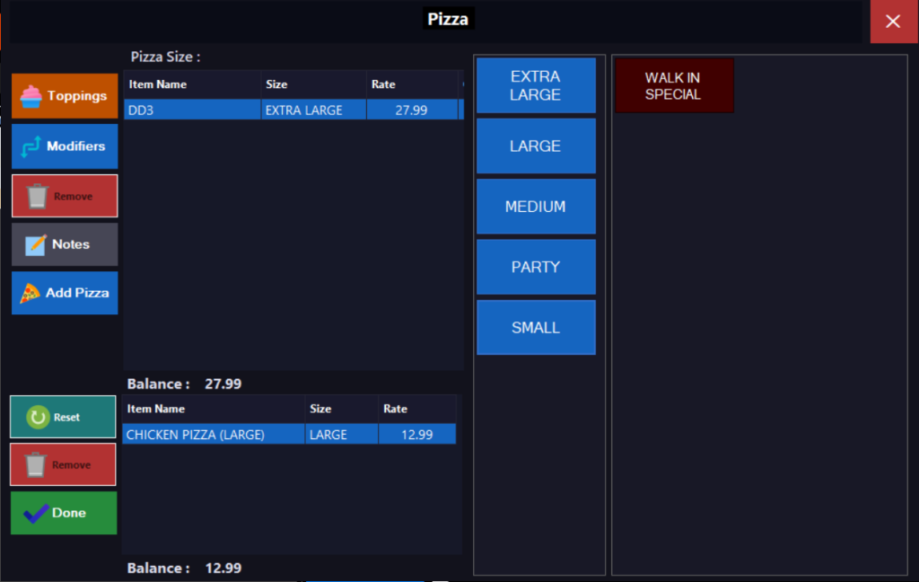 iRestaurantPro Pizza Builder screen showing pizza sizes from small to party, with toppings, modifiers and notes buttons for custom pizza orders