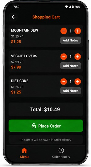 iRestaurantPro mobile app shopping cart screen with item quantities, add notes buttons, total amount and place order button