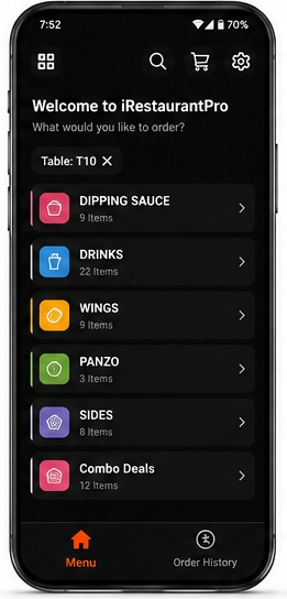 iRestaurantPro mobile app menu screen with food categories like drinks, wings, sides and combo deals with item counts