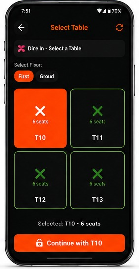 iRestaurantPro mobile app table selection screen showing floor plan with free and busy tables and seat counts
