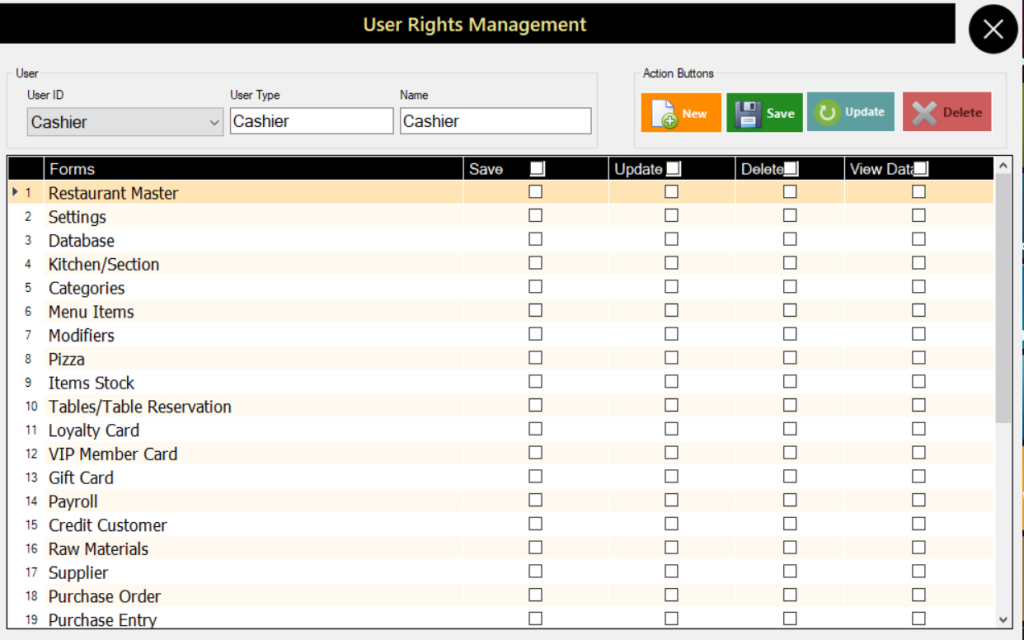 iRestaurantPro User Rights Management screen showing a Cashier user with per-form Save, Update, Delete and View permission checkboxes for settings, menu items, payroll and more