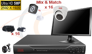 CCTV HD Security Camera System 6-in-1 5MP Standalone 16 Port DVR w/ 5MP HD Coax Cameras, Cables, HDD & Monitor