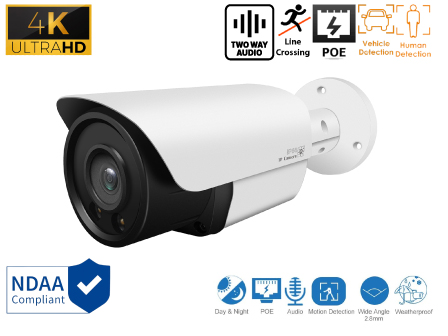 4K 8MP IP Indoor/Outdoor Human/Vehicle Detect/Line Crossing Infrared Bullet Security PoE Camera with 2.8mm Fixed Lens & Two-Way Audio